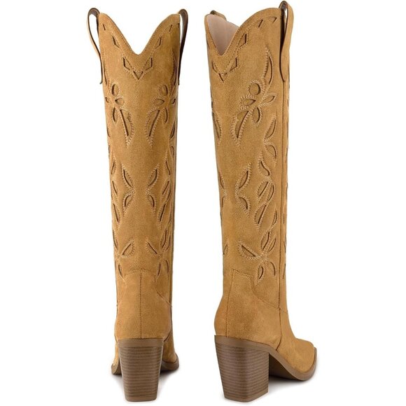 ⚡Women's Suede Brown Faux Leather Western Boots Pull On Tab Chunky Heel Design - Picture 2 of 7